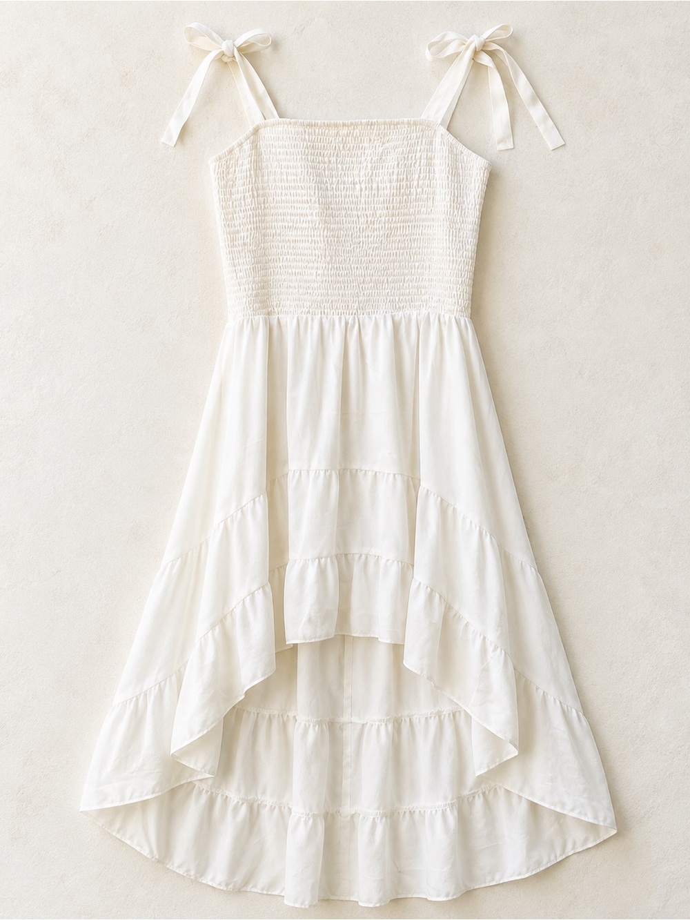 NWT Fashion White Smocked Tie Strap High Low Ruffle Midi Dress Size S